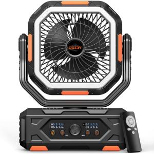 imageOGERY 2025 Upgraded Camping Fan Portable Rechargeable Fan with 20000mAh Battery Powered Stronger Wind Stepless Speed Regulation Fast Charging for Tent Travel Car Outdoor Camping EssentialsBlackOrange