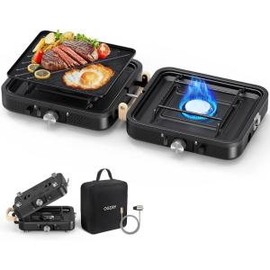 imageOGERY 2Burner Foldable Camping Stove with Griddle Textured ampamp Smooth and Carrying Bag Portable Propane Camp Stove with 2 Adjustable Burners ampamp Piezo Ignition for Camping Tailgating Essentials GearBlack