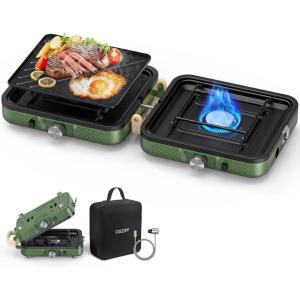 imageOGERY 2Burner Foldable Camping Stove with Griddle Textured ampamp Smooth and Carrying Bag Portable Propane Camp Stove with 2 Adjustable Burners ampamp Piezo Ignition for Camping Tailgating Essentials GearGreen