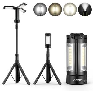 imageOGERY Rechargeable 10000mAh Camping Light with Stand 65 ft Max Height Cordless Work Light with 3 LED Lamp Heads 2200 Lumens Camping Essentials Gear Emergency Flashlight with Detachable TripodBlack
