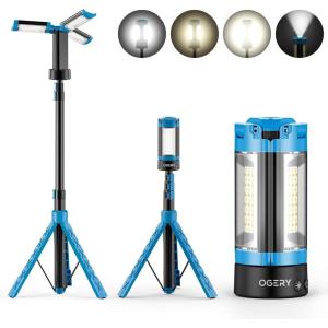 imageOGERY Rechargeable 10000mAh Camping Light with Stand 65 ft Max Height Cordless Work Light with 3 LED Lamp Heads 2200 Lumens Camping Essentials Gear Emergency Flashlight with Detachable TripodBlue