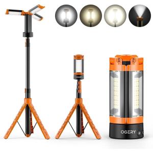 imageOGERY Rechargeable 10000mAh Camping Light with Stand 65 ft Max Height Cordless Work Light with 3 LED Lamp Heads 2200 Lumens Camping Essentials Gear Emergency Flashlight with Detachable TripodOrange