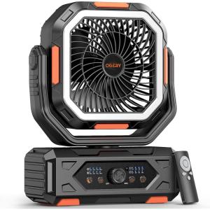 imageOGERY 2025 Upgraded Camping Fan Portable Rechargeable Fan with 30000mAh Battery Powered Stronger Wind Stepless Speed Regulation Fast Charging for Tent Travel Car Outdoor Camping EssentialsBlackOrange