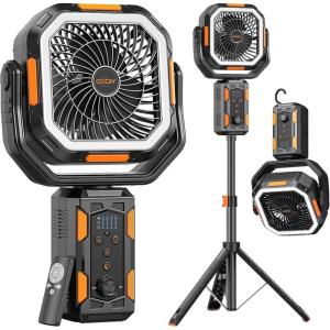 imageOGERY Camping Fan Portable Fan with Adjustable Height Stand 20000mAh Rechargeable Battery Powered Fan with Remote LED Light Auto Oscillation Fast Charging Floor or Desk Fan for Tent RV Travel