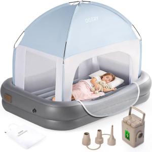 imageOGERY Cordless Inflatable Toddler Travel Bed with Rechargeable Detachable Air Pump amp Tent Portable Kids Air Mattress with 4Side Safety Bumpers for Travel Camping HomeDark Grey