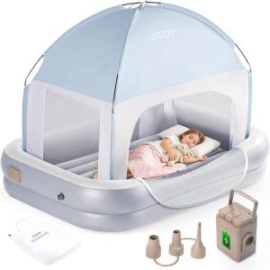 imageOGERY Cordless Inflatable Toddler Travel Bed with Rechargeable Detachable Air Pump amp Tent Portable Kids Air Mattress with 4Side Safety Bumpers for Travel Camping HomeLight Grey